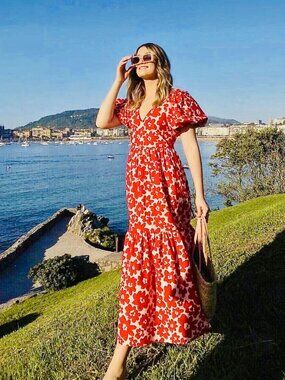 Zara Printed Poplin Puff Sleeve Floral Dress in Red and White Size M